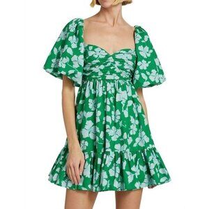 NEW AMUR Martine Mini Puff Sleeve Bubble Hem Dress Green Blue Size 8